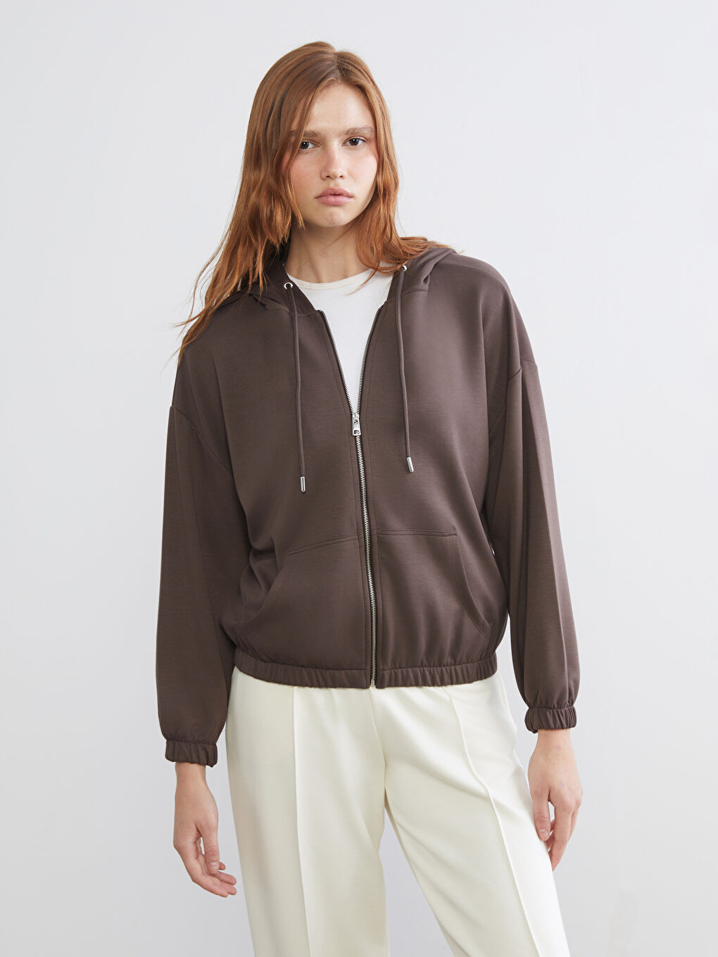 Kahverengi Kapüşonlu Oversize Kadın Fermuarlı Sweatshirt