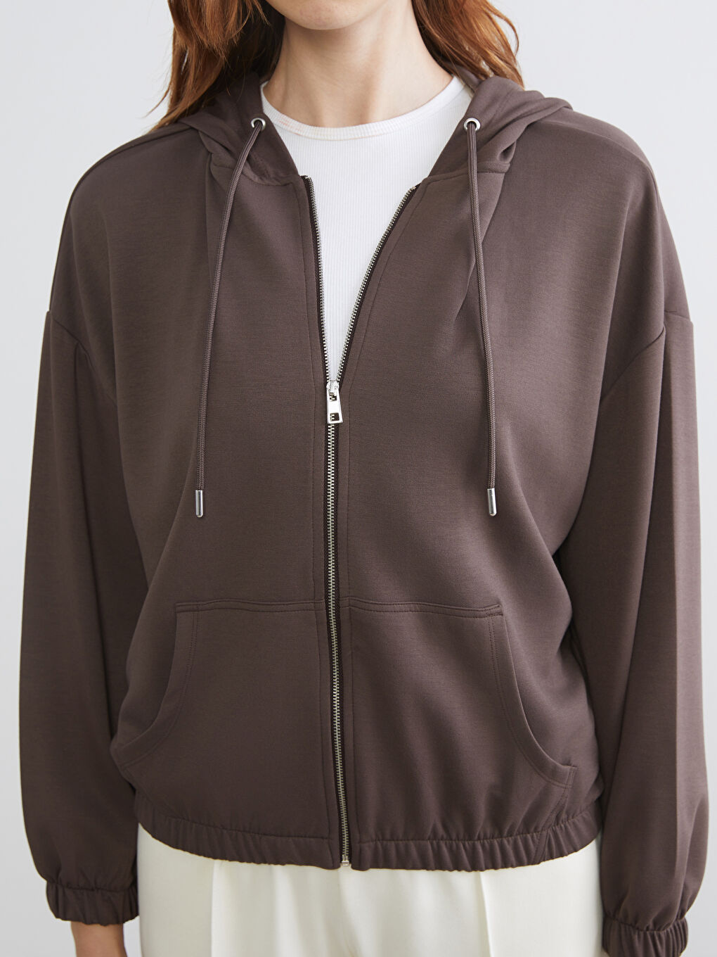 Kahverengi Kapüşonlu Oversize Kadın Fermuarlı Sweatshirt-2