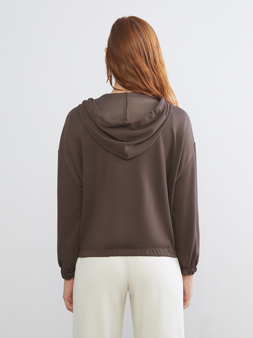 Kahverengi Kapüşonlu Oversize Kadın Fermuarlı Sweatshirt-3