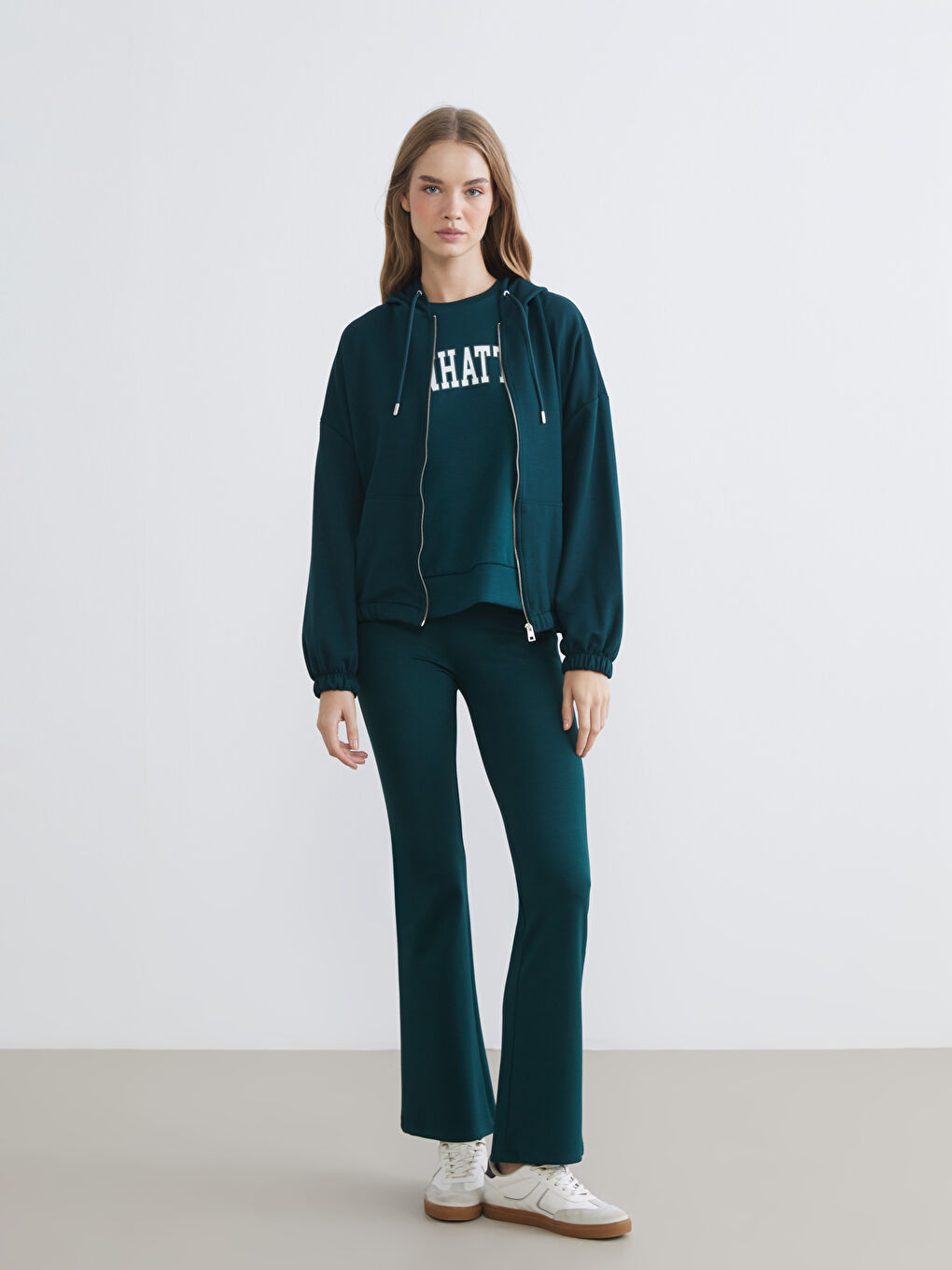 Yeşil Kapüşonlu Oversize Kadın Fermuarlı Sweatshirt-1