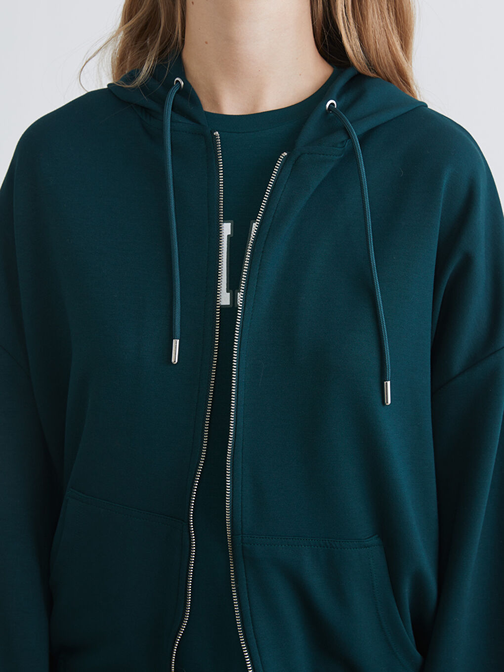 Yeşil Kapüşonlu Oversize Kadın Fermuarlı Sweatshirt-2