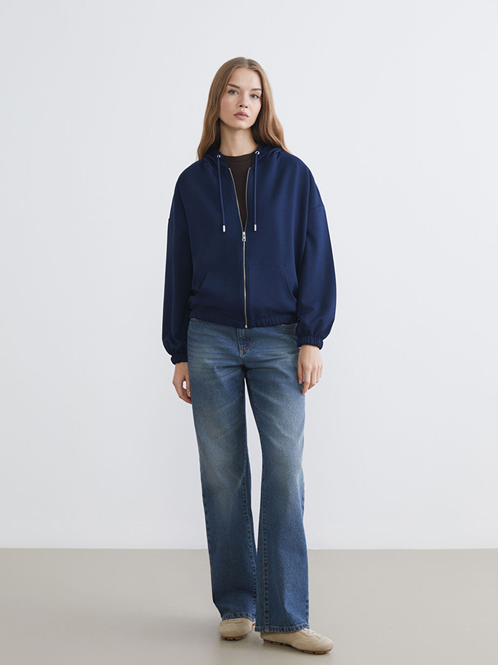 Lacivert Kapüşonlu Oversize Kadın Fermuarlı Sweatshirt-1