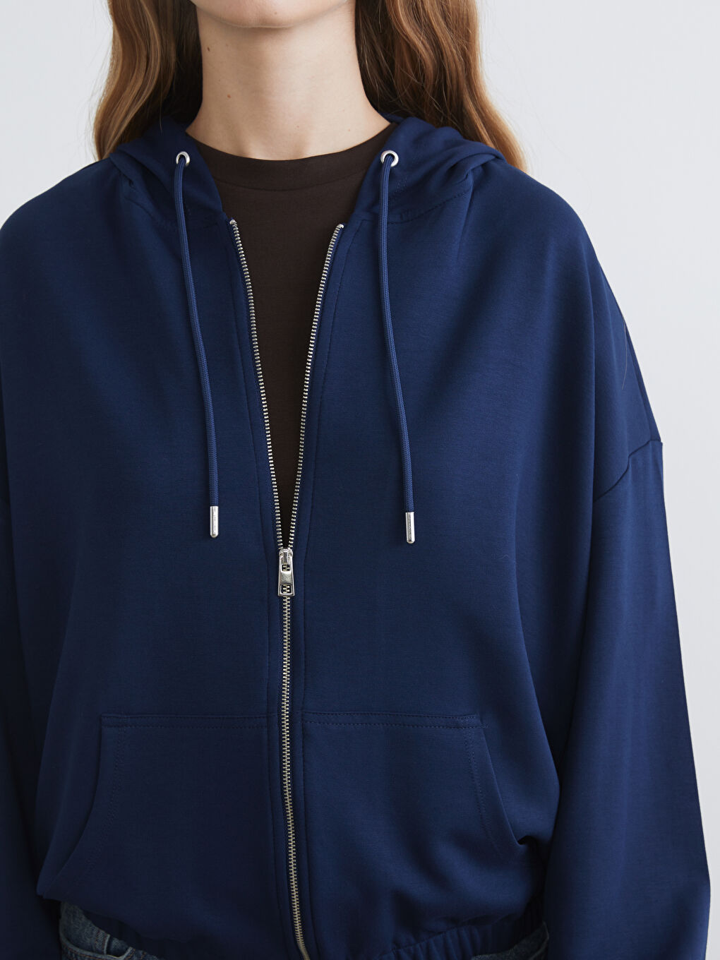 Lacivert Kapüşonlu Oversize Kadın Fermuarlı Sweatshirt-2