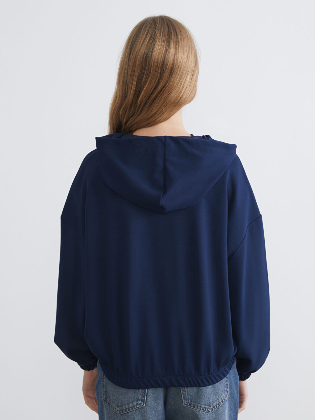 Lacivert Kapüşonlu Oversize Kadın Fermuarlı Sweatshirt-3