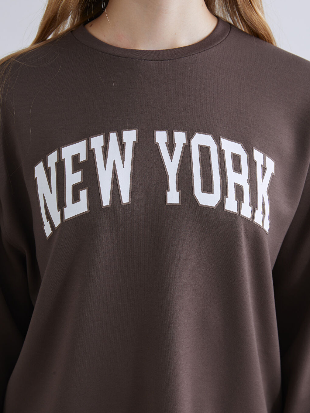 Kahverengi Brooklyn Baskılı Oversize Kadın Sweatshirt-2