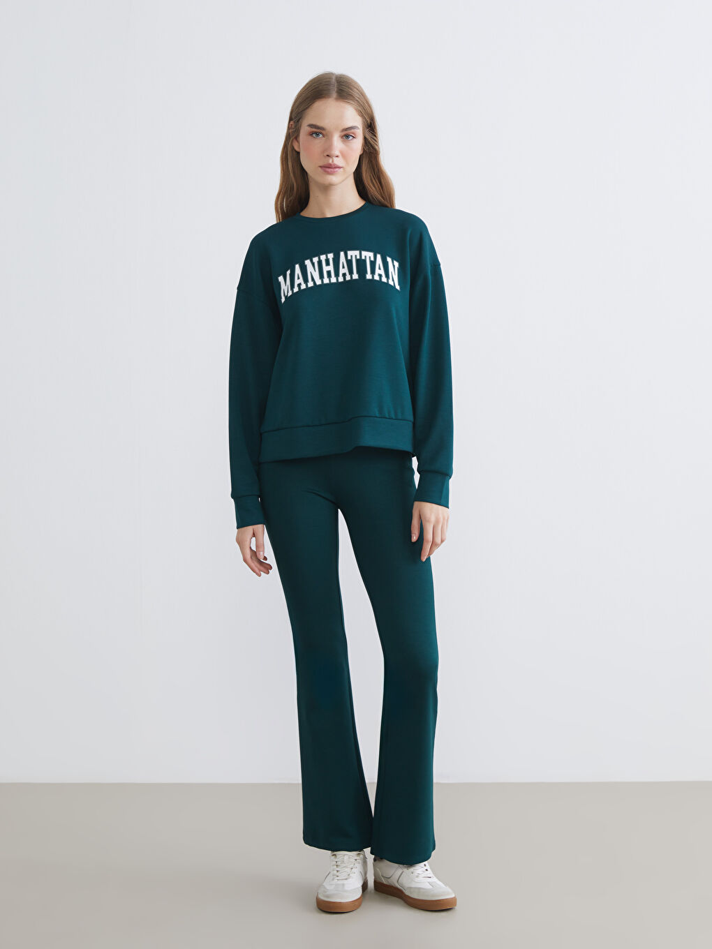 Yeşil Brooklyn Baskılı Oversize Kadın Sweatshirt-1