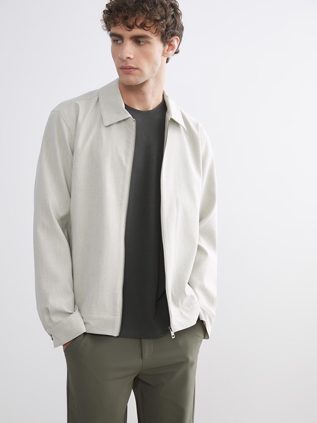 Bej Standart Kalıp Gömlek Yaka Erkek Mont-2