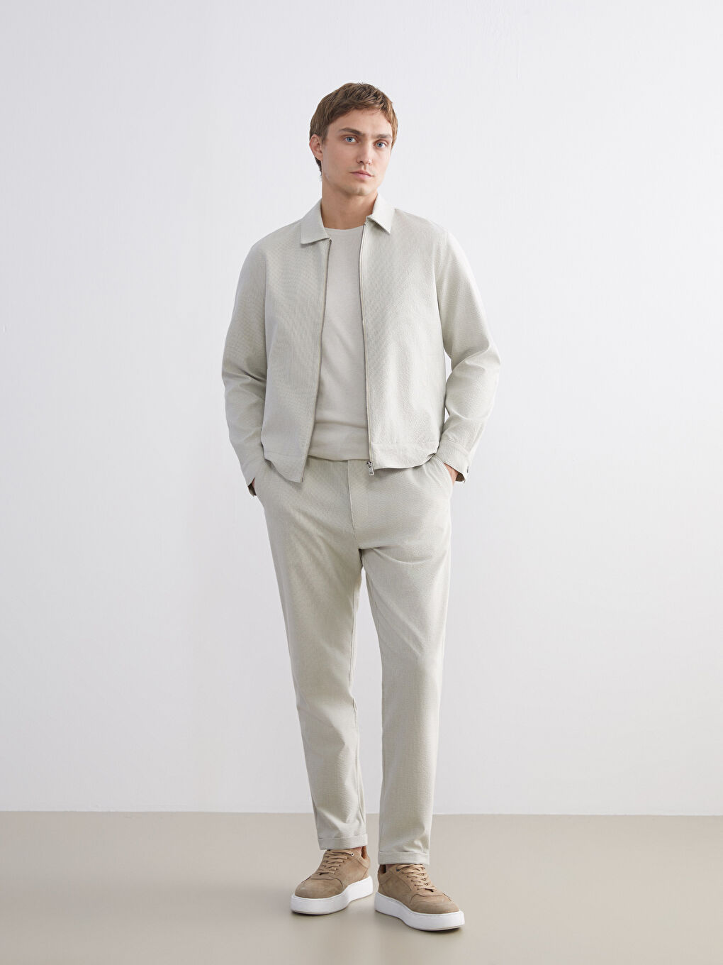 Bej Standart Kalıp Gömlek Yaka Erkek Mont-3