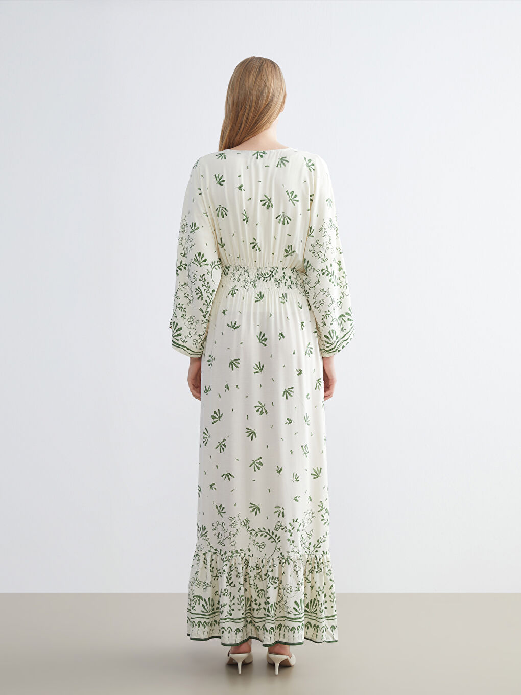 Yeşil Kruvaze Yaka Çiçekli Büzgülü Elbise-3