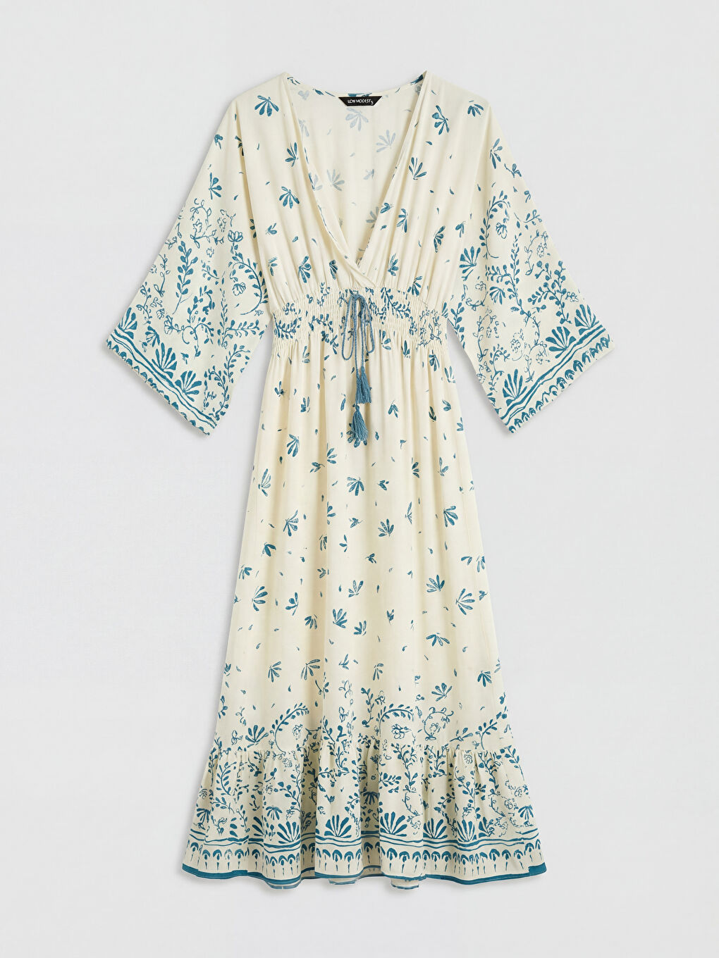 Mavi Kruvaze Yaka Çiçekli Büzgülü Elbise