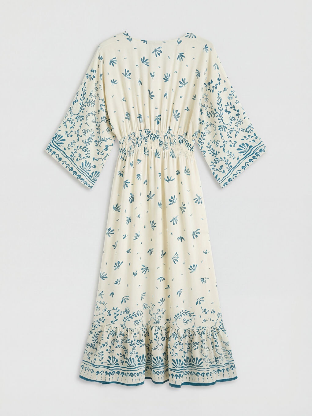 Mavi Kruvaze Yaka Çiçekli Büzgülü Elbise-1