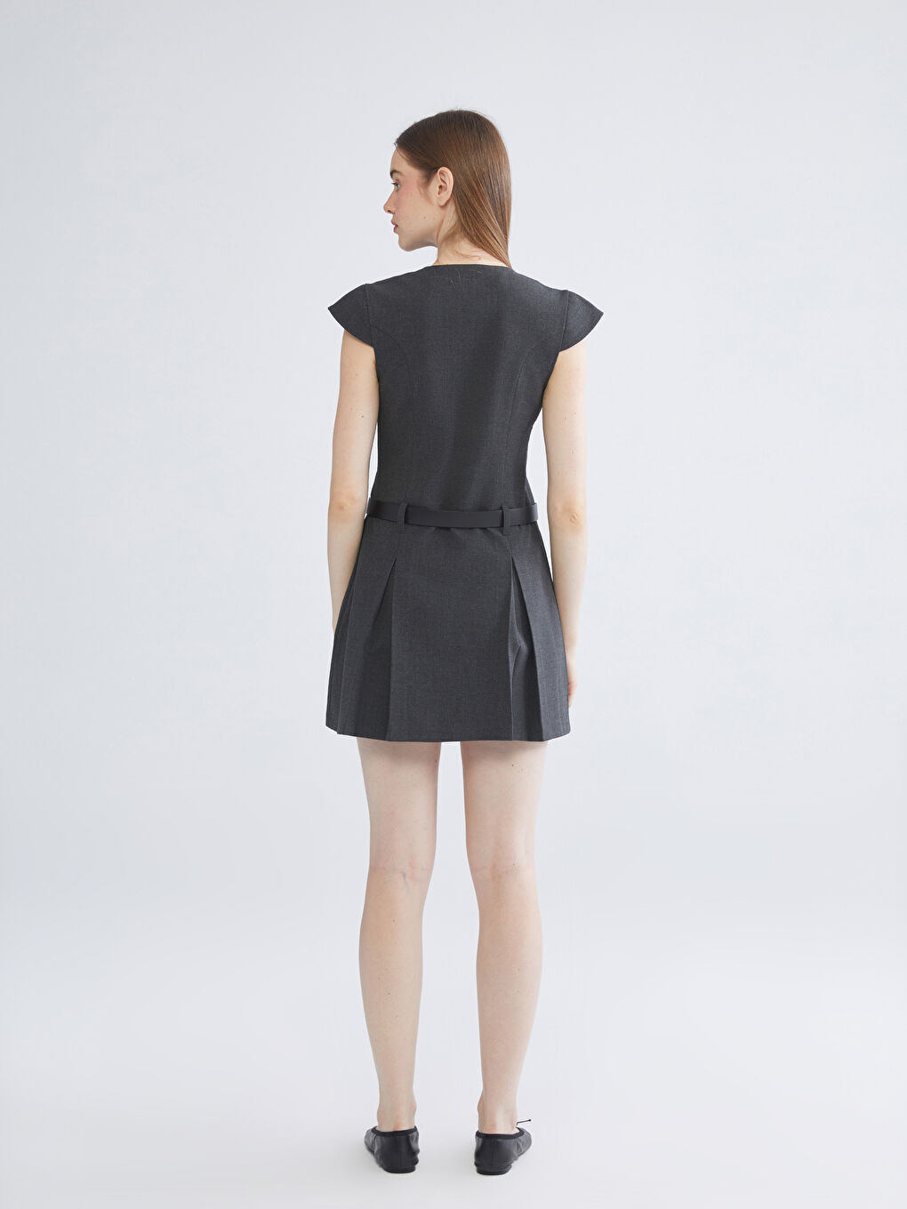 Antrasit V Yaka Beli Kemerli Mini Elbise-3