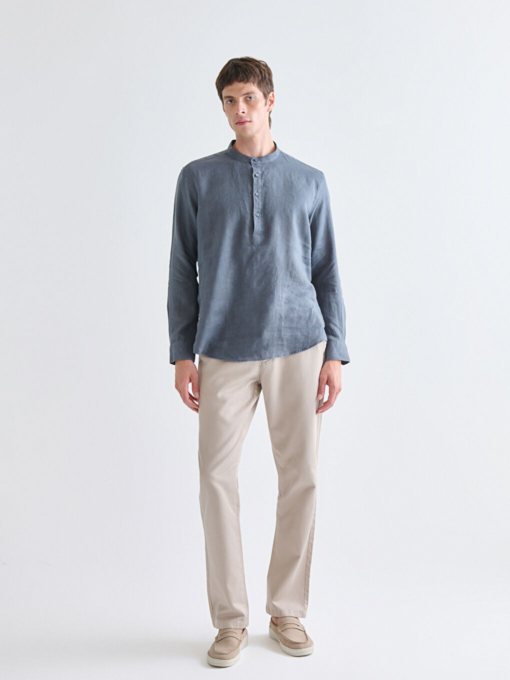 İndigo Rahat Kalıp Hakim Yaka Uzun Kollu Erkek Gömlek-1