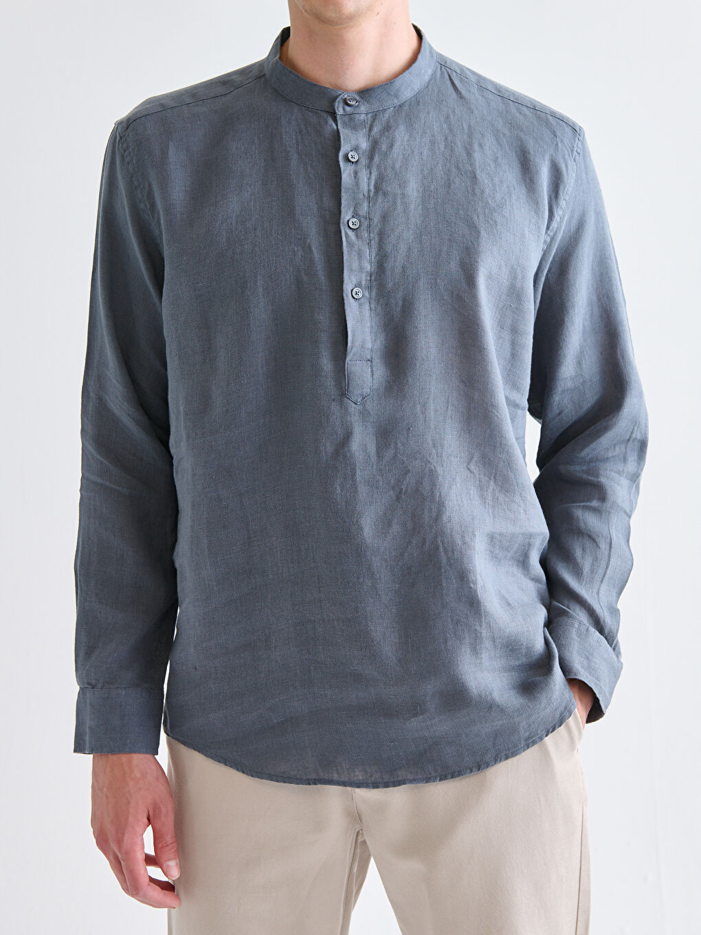 İndigo Rahat Kalıp Hakim Yaka Uzun Kollu Erkek Gömlek-2