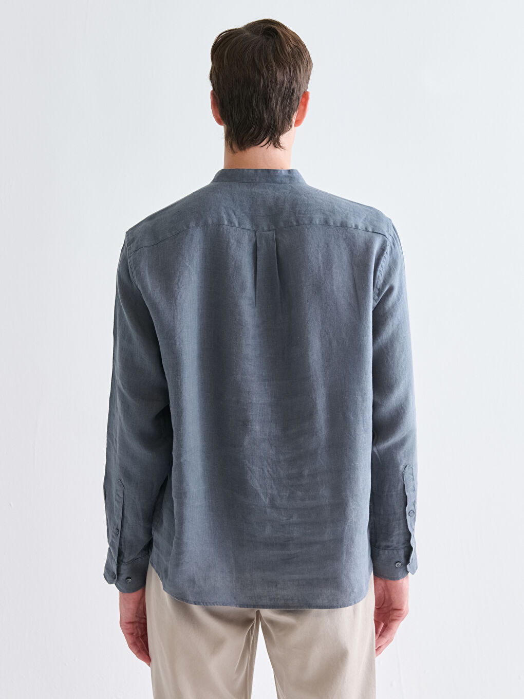 İndigo Rahat Kalıp Hakim Yaka Uzun Kollu Erkek Gömlek-3