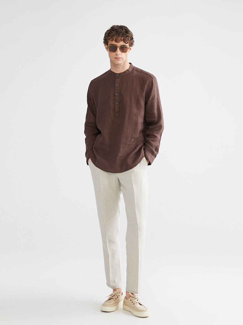 Kahverengi Rahat Kalıp Hakim Yaka Uzun Kollu Erkek Gömlek-1