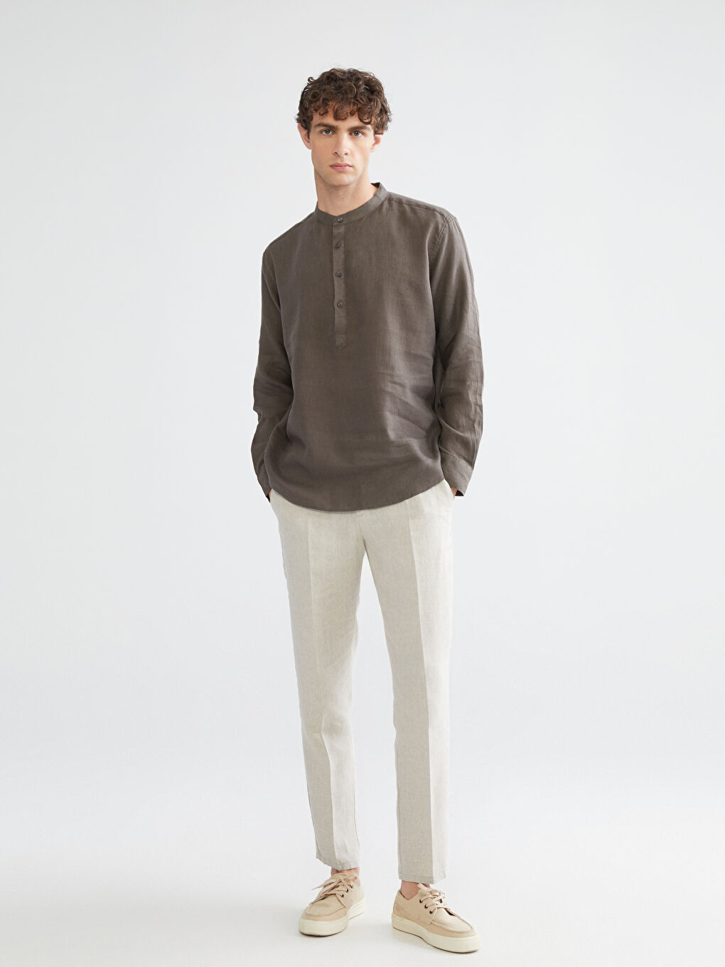 Petrol Rahat Kalıp Hakim Yaka Uzun Kollu Erkek Gömlek-1