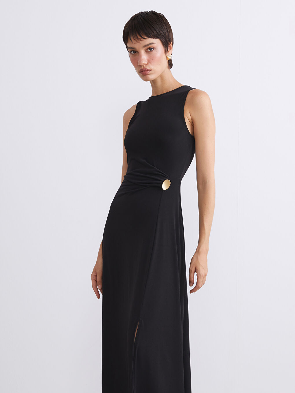 Siyah Bisiklet Yaka Büzgülü Elbise-1