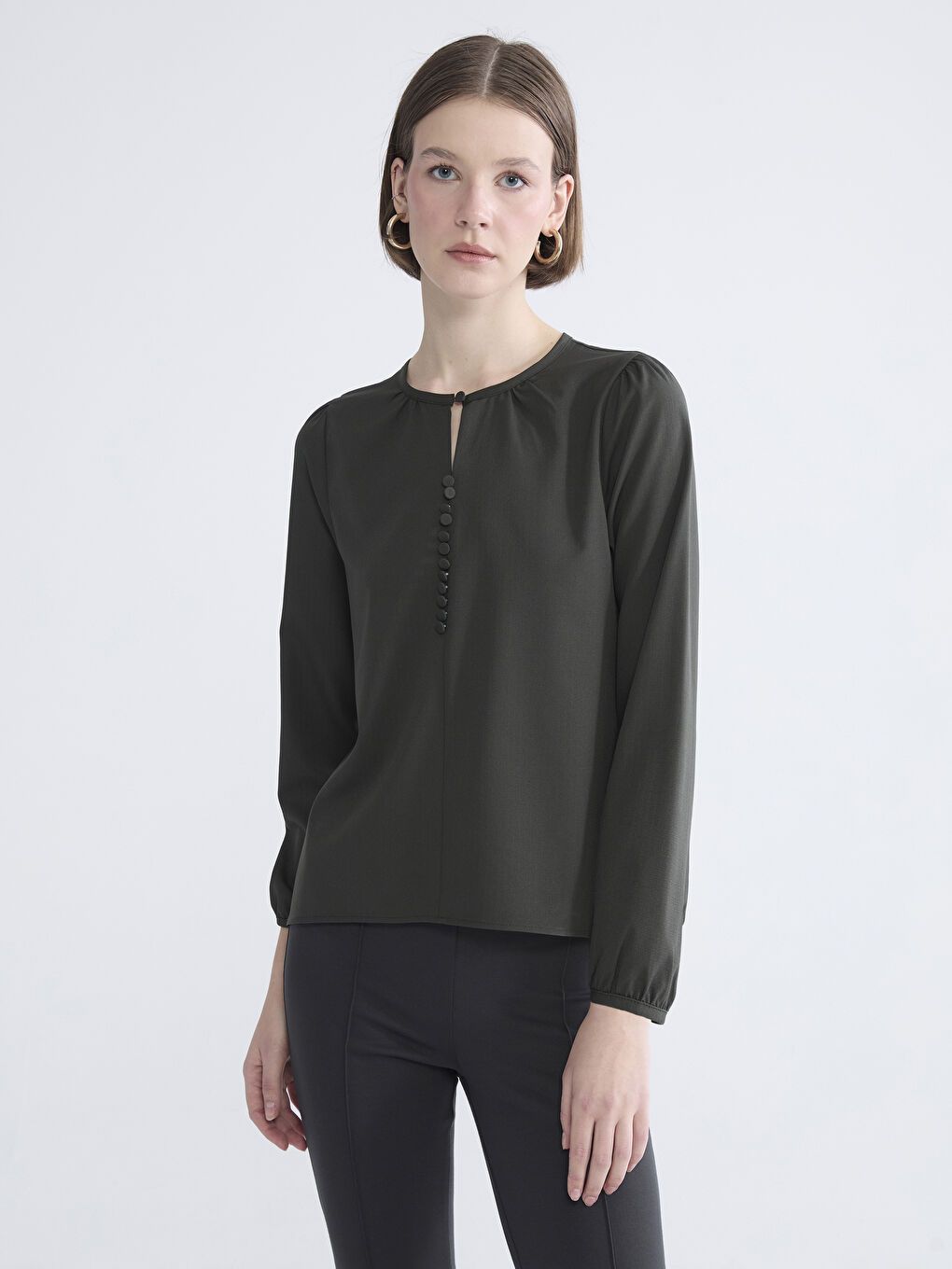 Yeşil Bisiklet Yaka Büzgülü Bluz