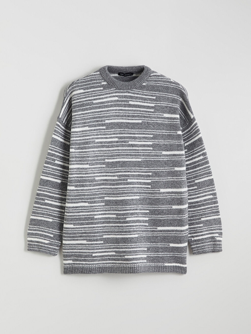 Gri Bisiklet Yaka Çizgili Oversize Kadın Triko Kazak-4