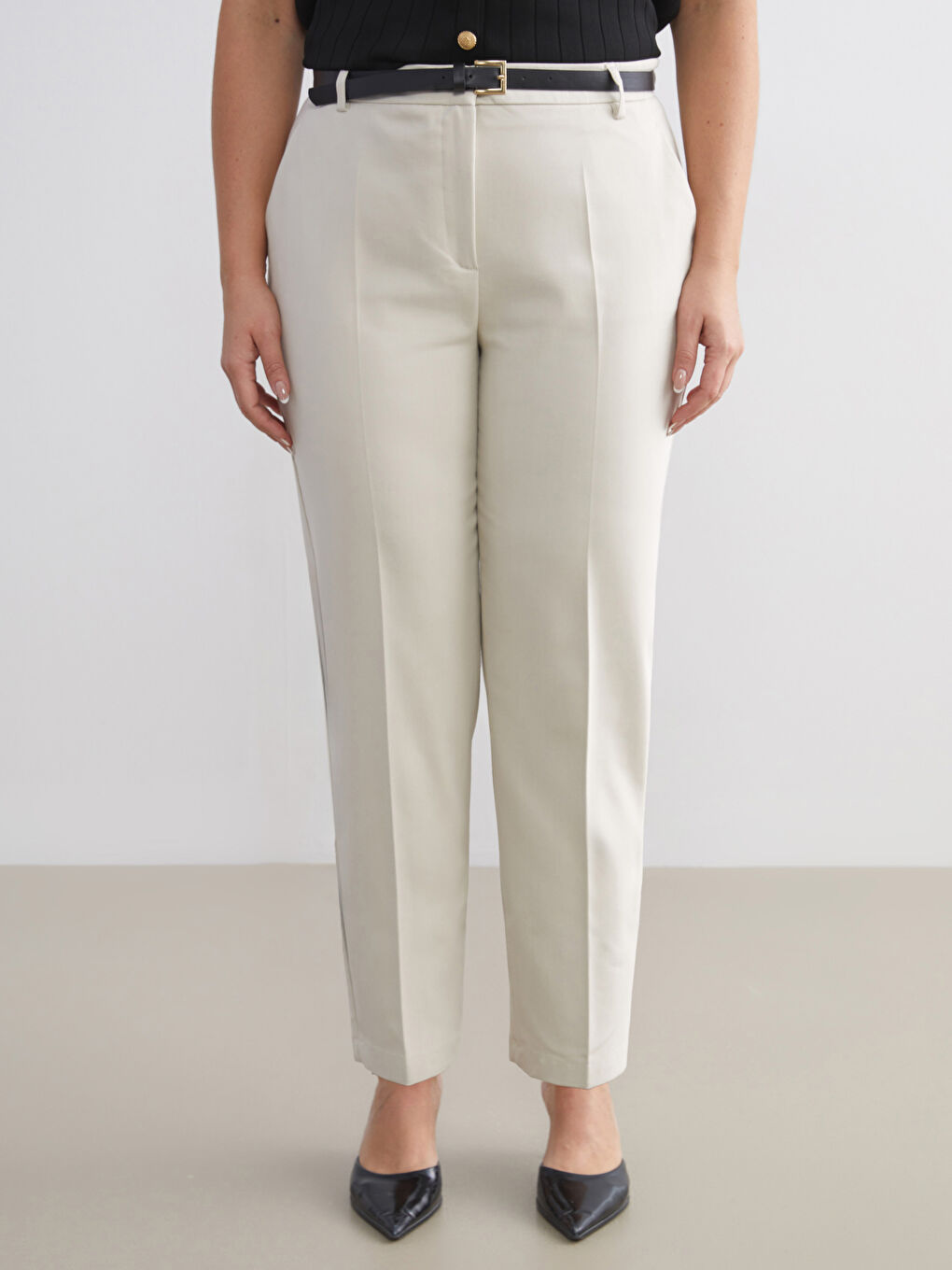 Bej Beli Kemerli Kadın Pantolon-5