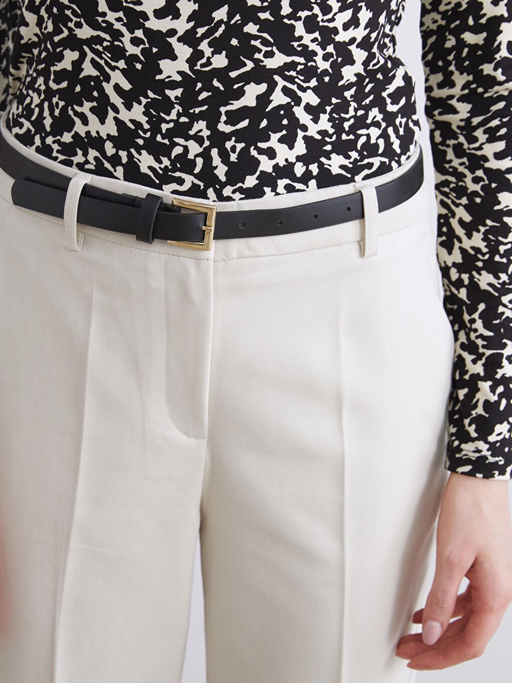 Bej Beli Kemerli Kadın Pantolon-3