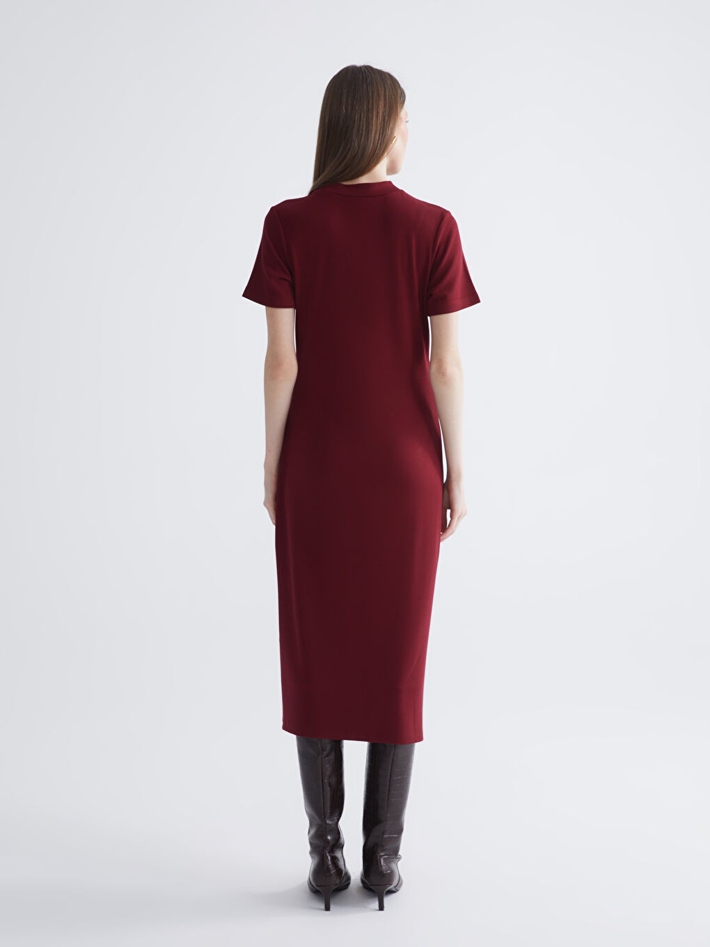 Bordo Dik Yaka Büzgülü Elbise-3