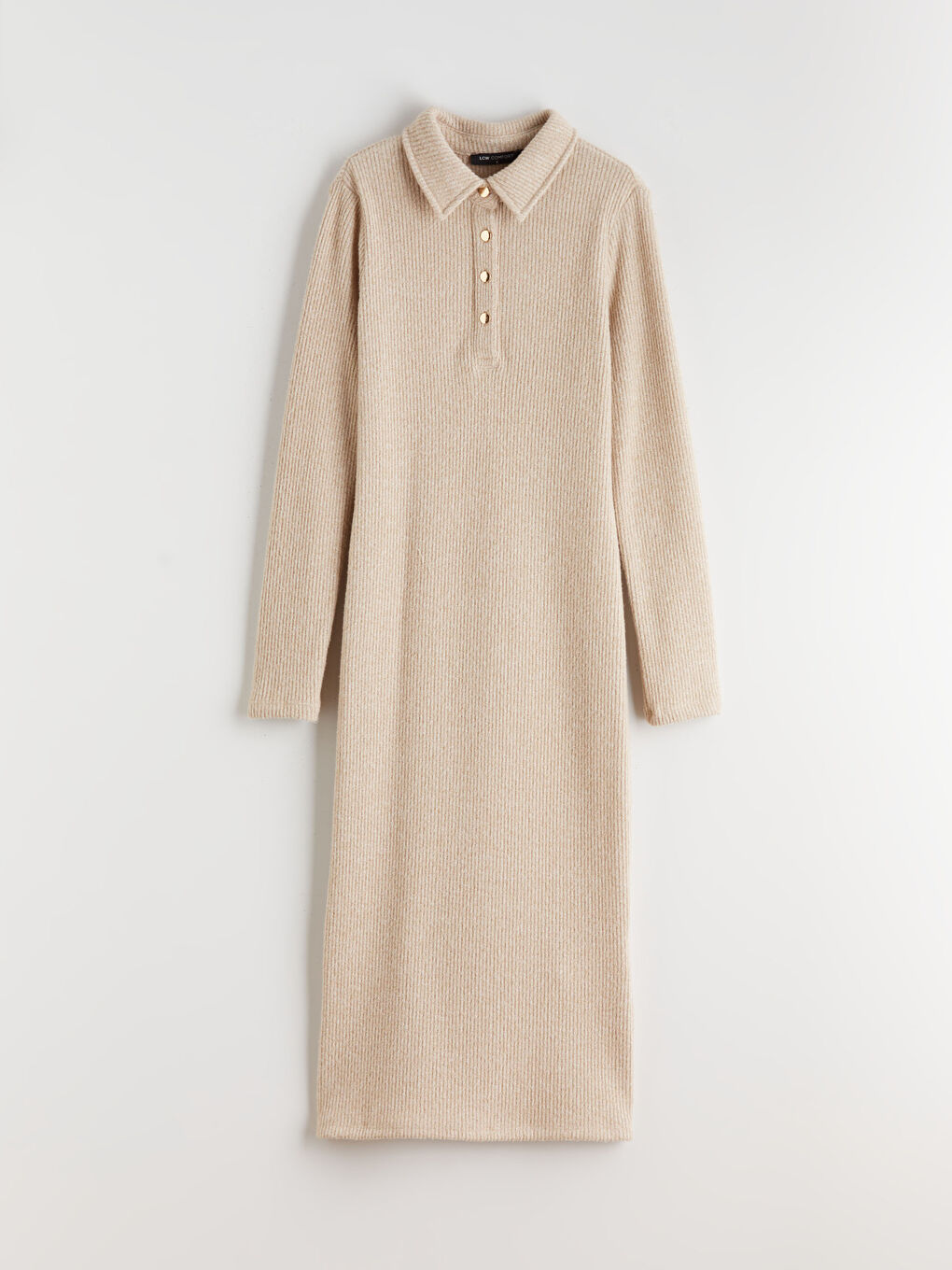 Bej Gömlek Yaka Parlak Görünümlü Elbise-4