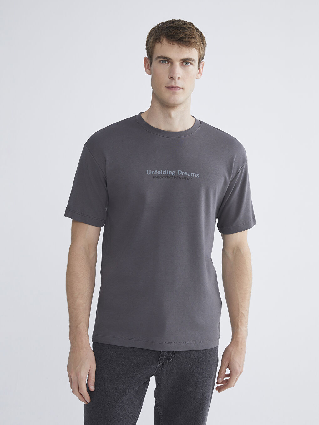 Gri Bisiklet Yaka Baskılı Penye Erkek Pijama Üst