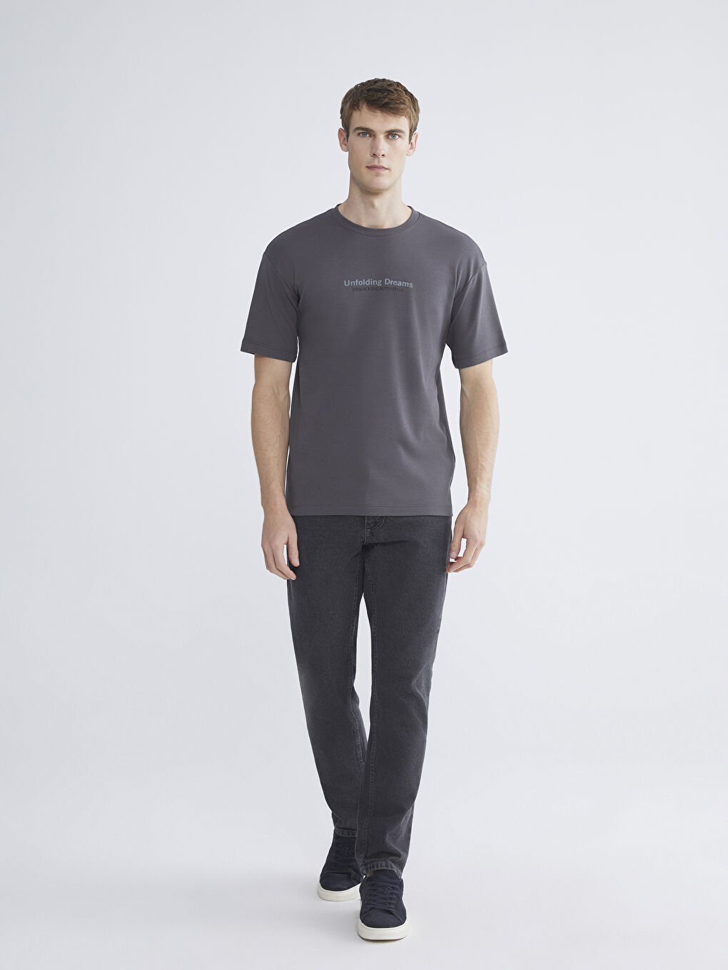 Gri Bisiklet Yaka Baskılı Penye Erkek Pijama Üst-1