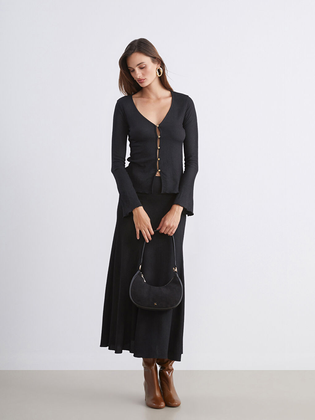 Siyah V Yaka Dokulu Kadın Hırka-1