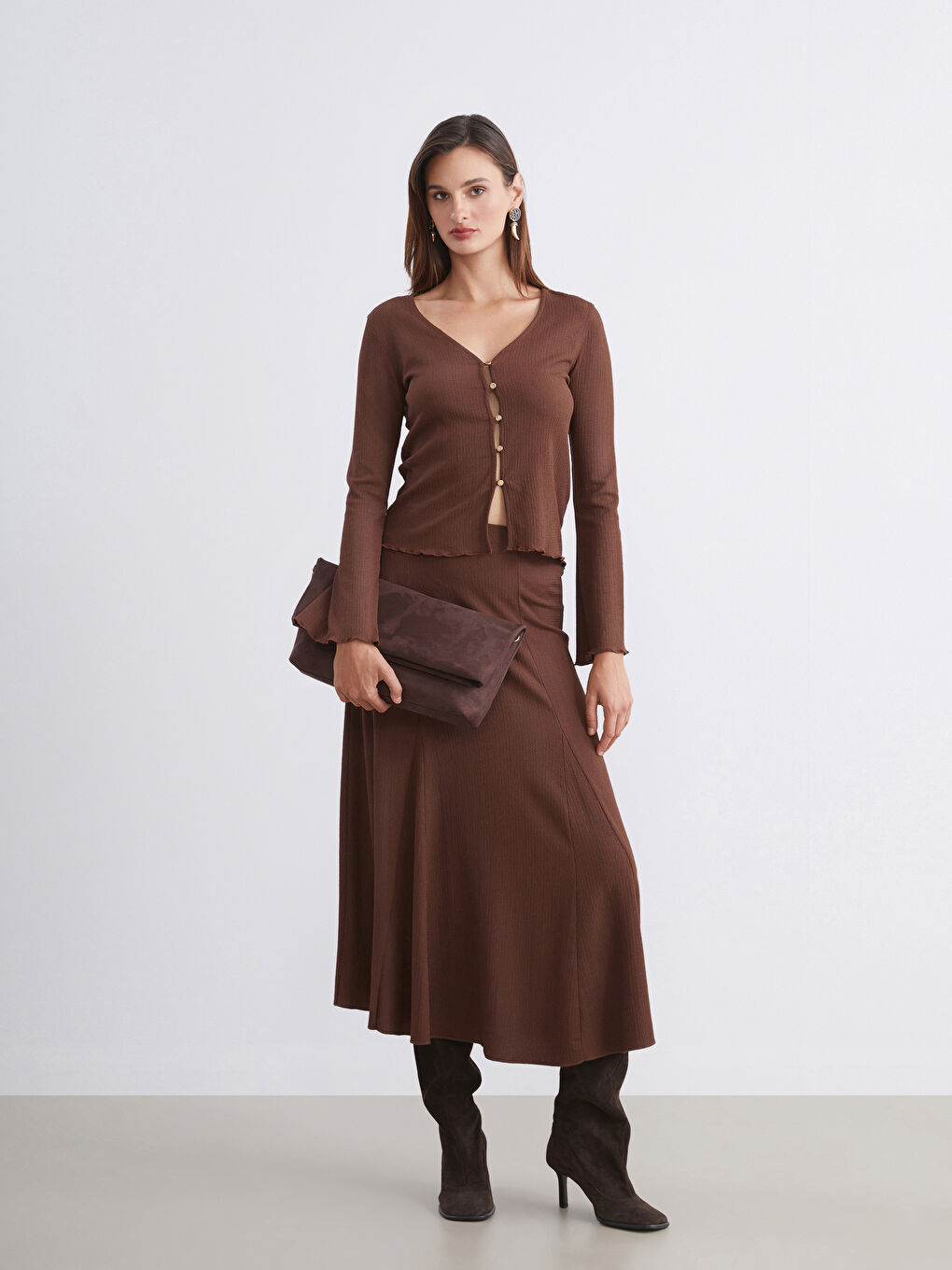 Kahverengi V Yaka Dokulu Kadın Hırka-1