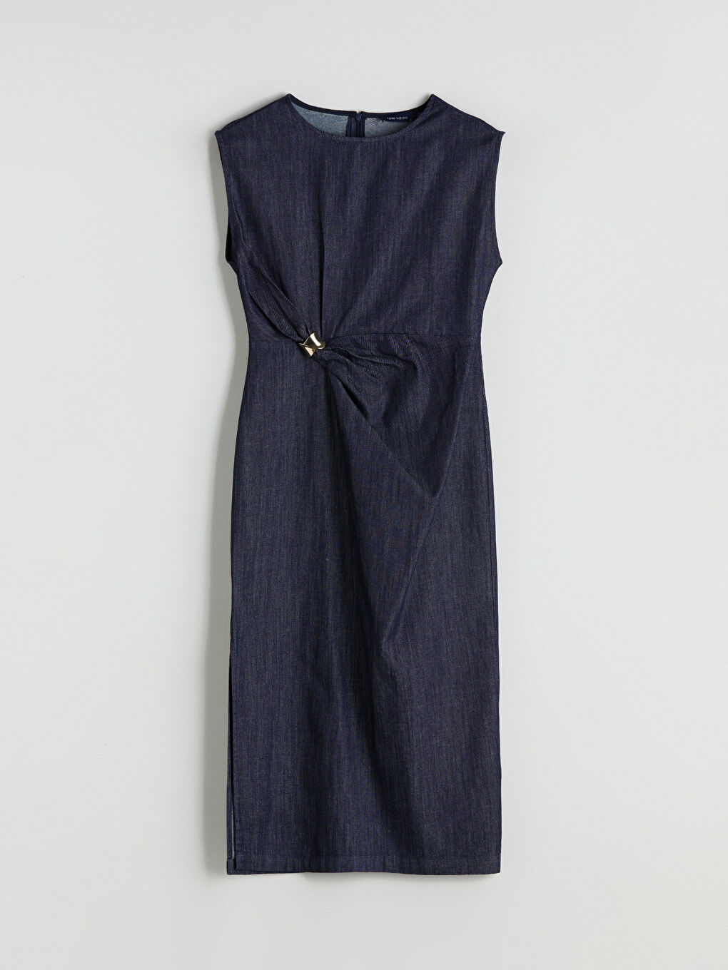 İndigo Metal Aplikeli Büzgülü Jean Elbise-4