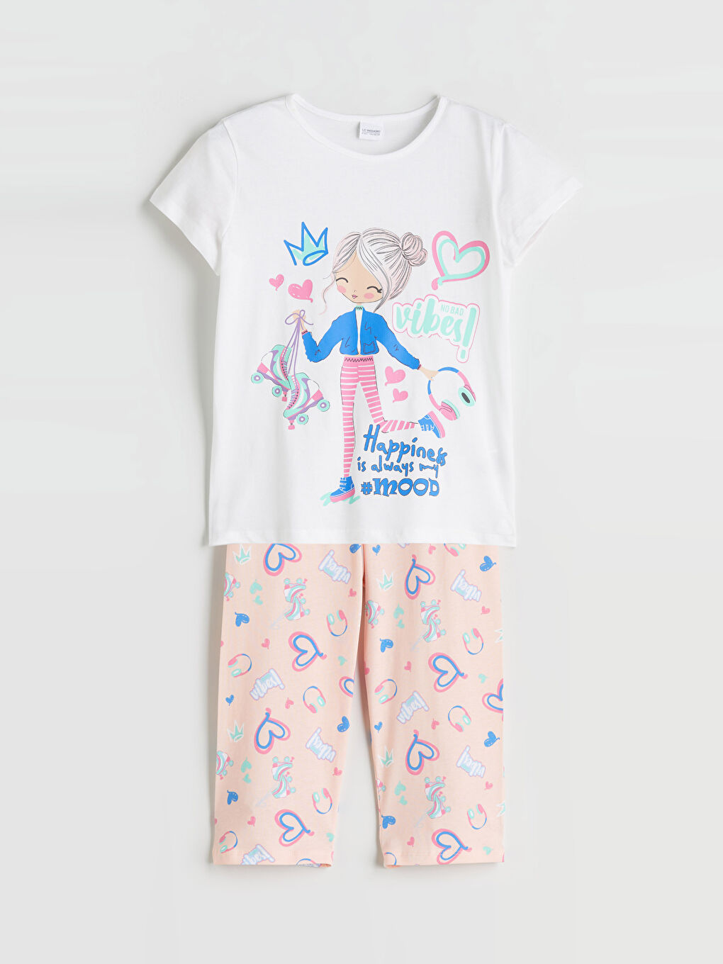 LCW Kids Crew Neck Girls' Capri Pyjamas Set -W5KY51Z4-FFB