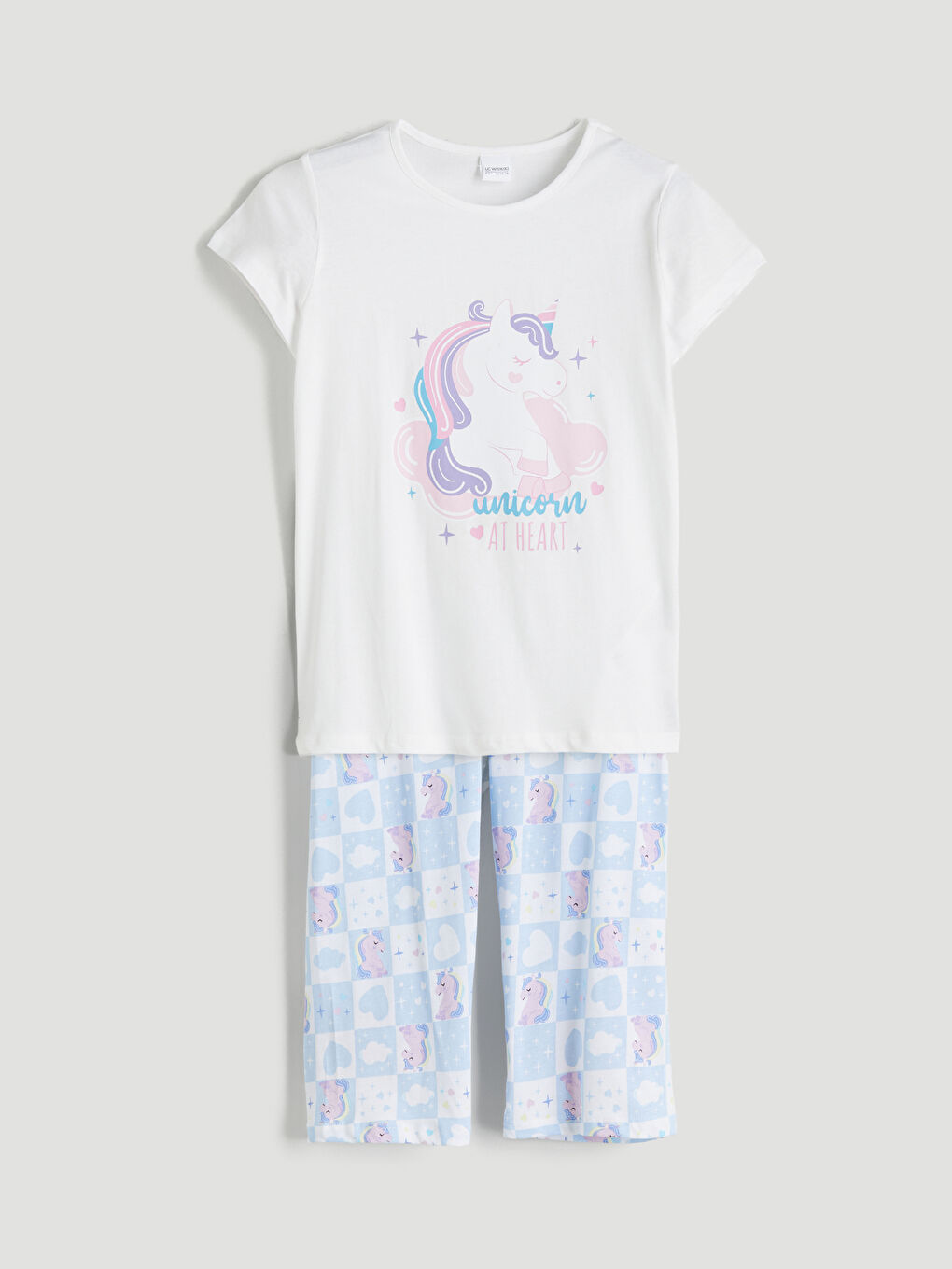 Beyaz Bisiklet Yaka Kız Çocuk Kaprili Pijama Takımı