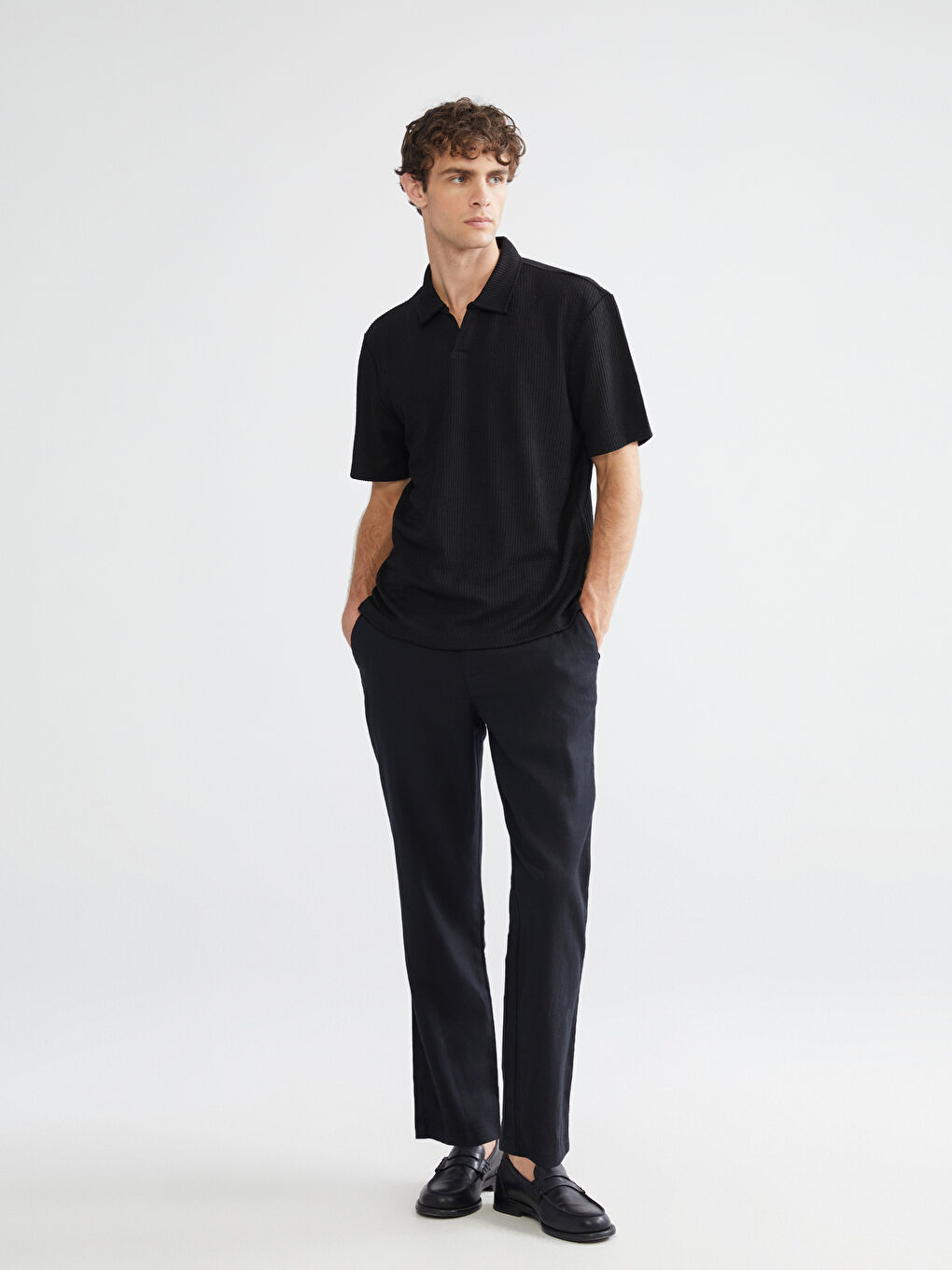 Siyah Standart Kalıp Keten Karışımlı Erkek Pantolon