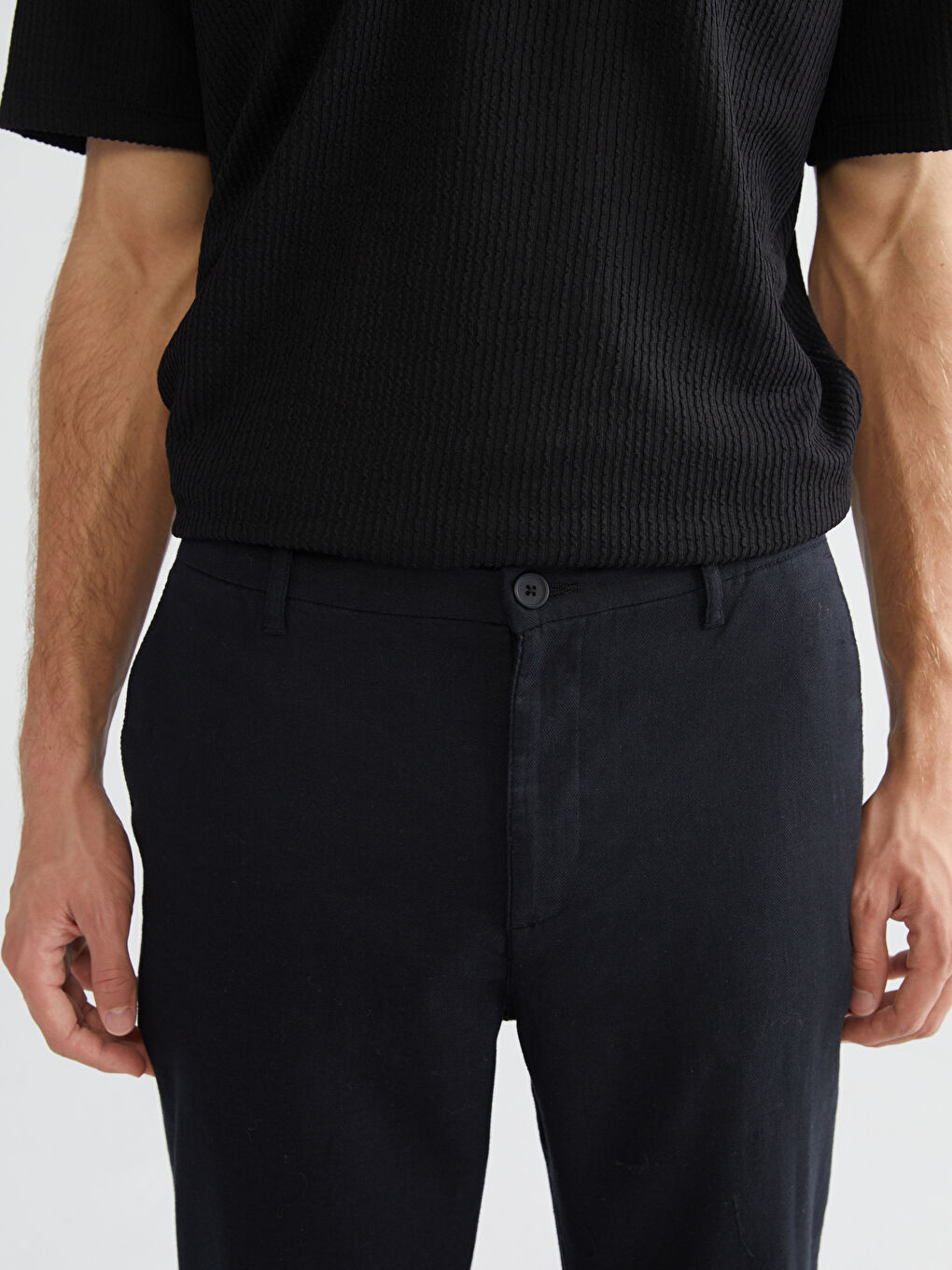 Siyah Standart Kalıp Keten Karışımlı Erkek Pantolon-2