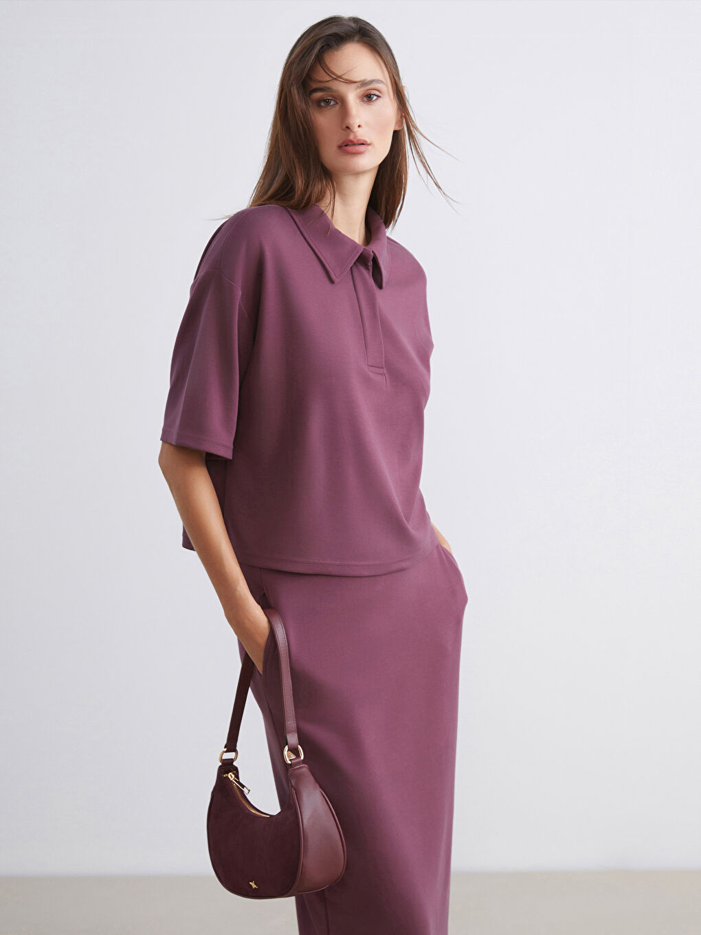 Bordo Polo Yaka Kadın Tişört