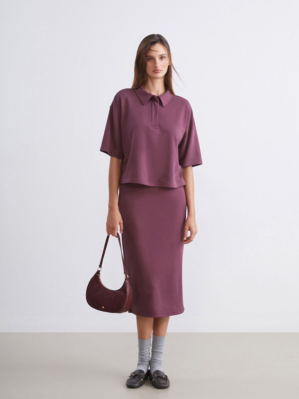 Bordo Polo Yaka Kadın Tişört-1