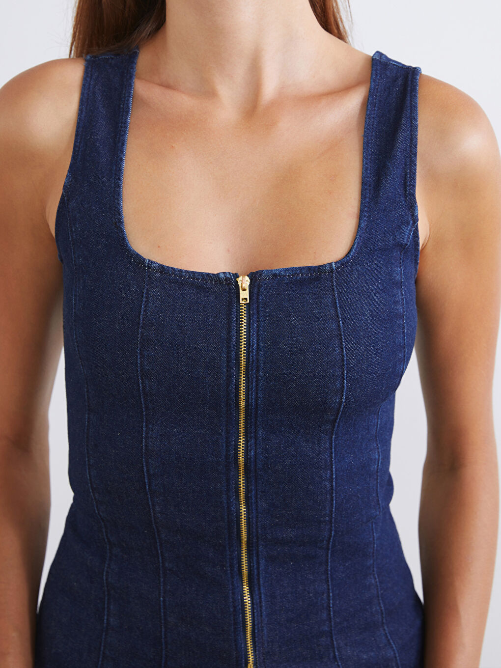 Lacivert Kare Yaka Kadın Jean Yelek-2