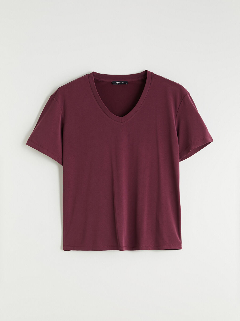 Bordo V Yaka Modal Karışımlı Oversize Kadın Tişört-4