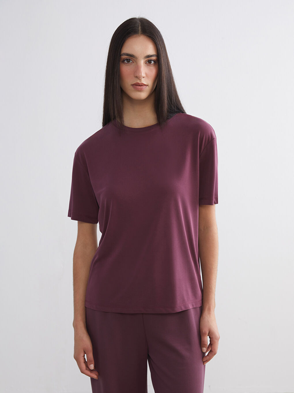 Bordo Modal Karışımlı Oversize Kadın Tişört