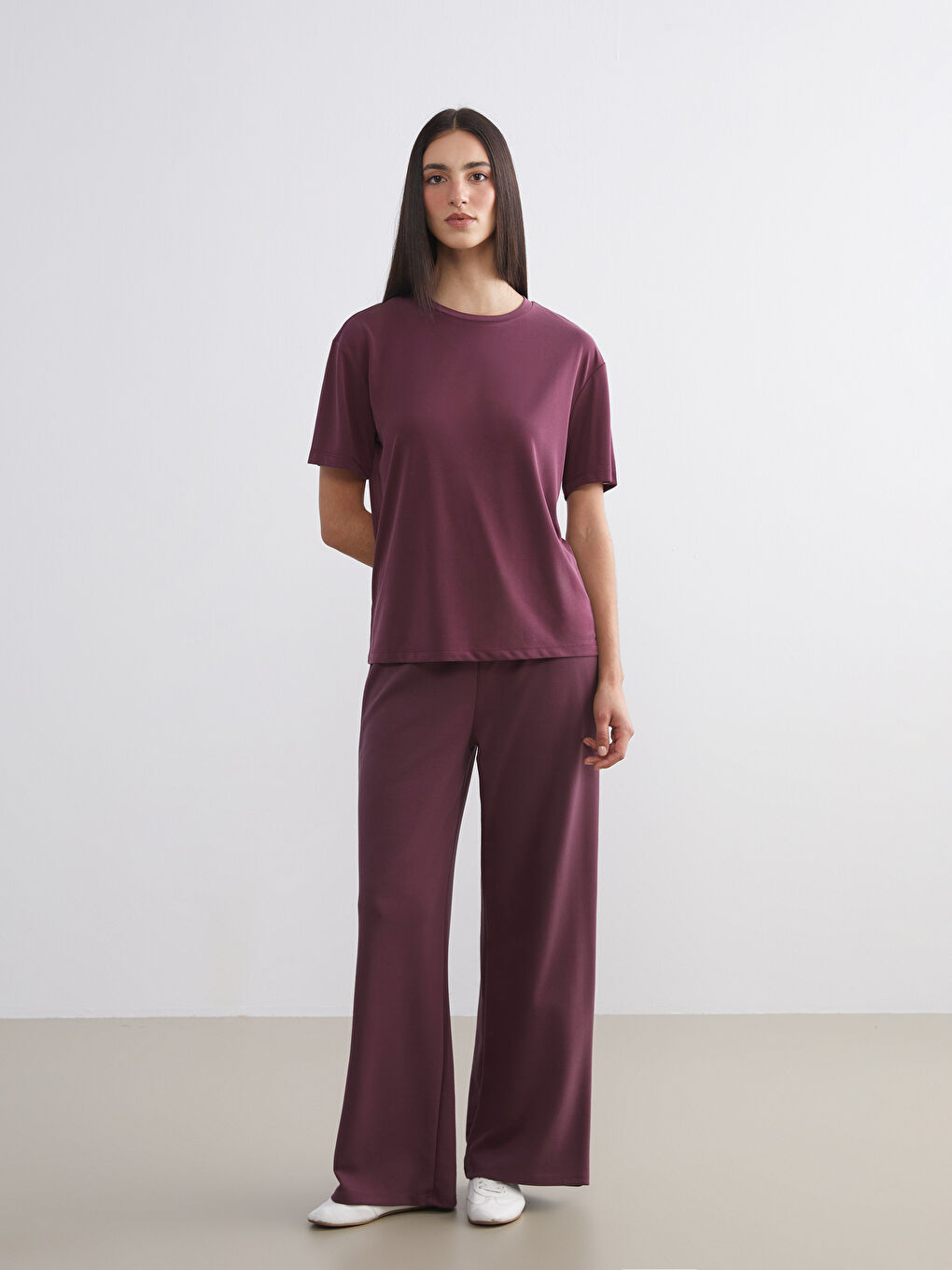 Bordo Modal Karışımlı Oversize Kadın Tişört-1