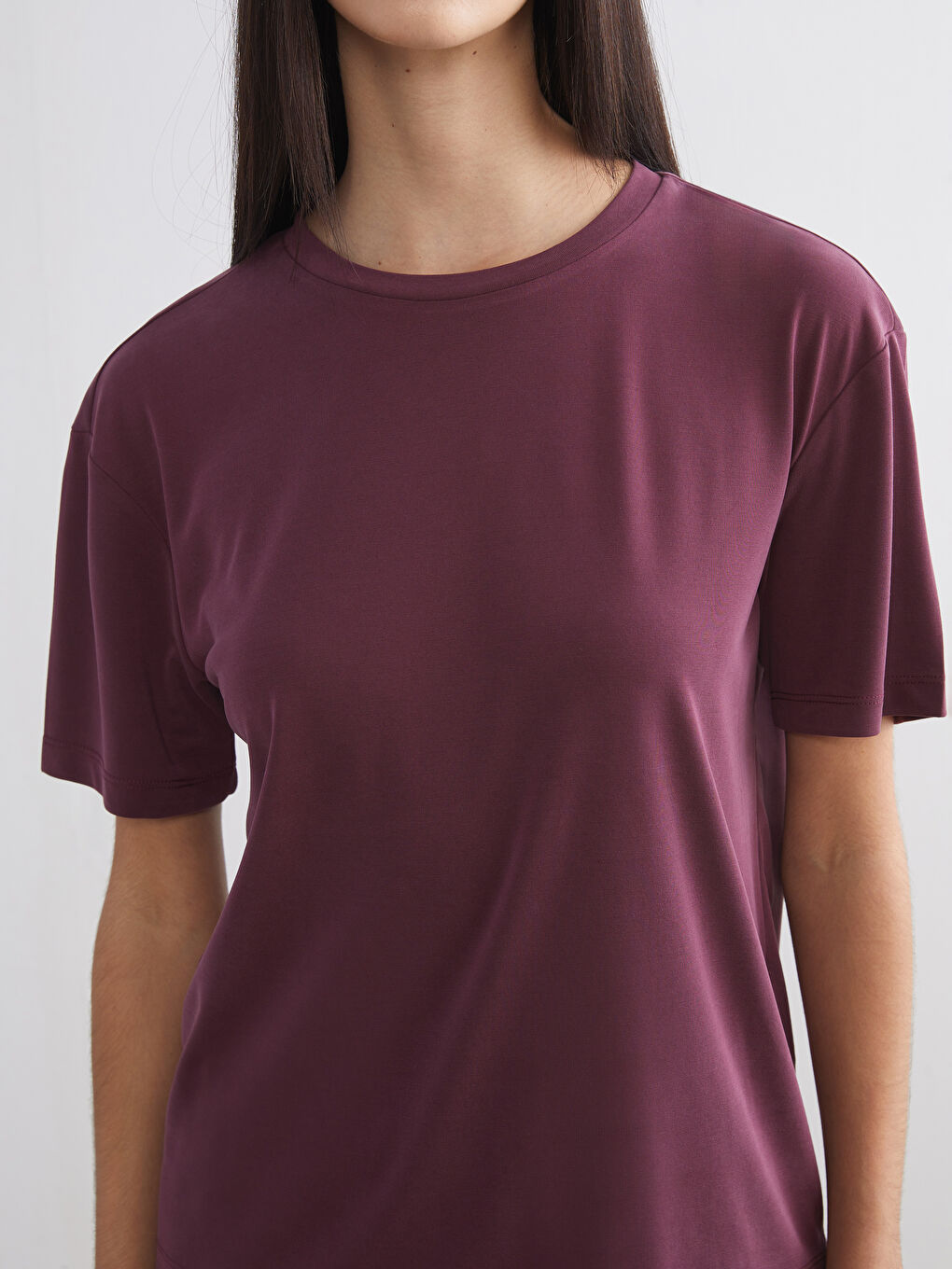 Bordo Modal Karışımlı Oversize Kadın Tişört-2