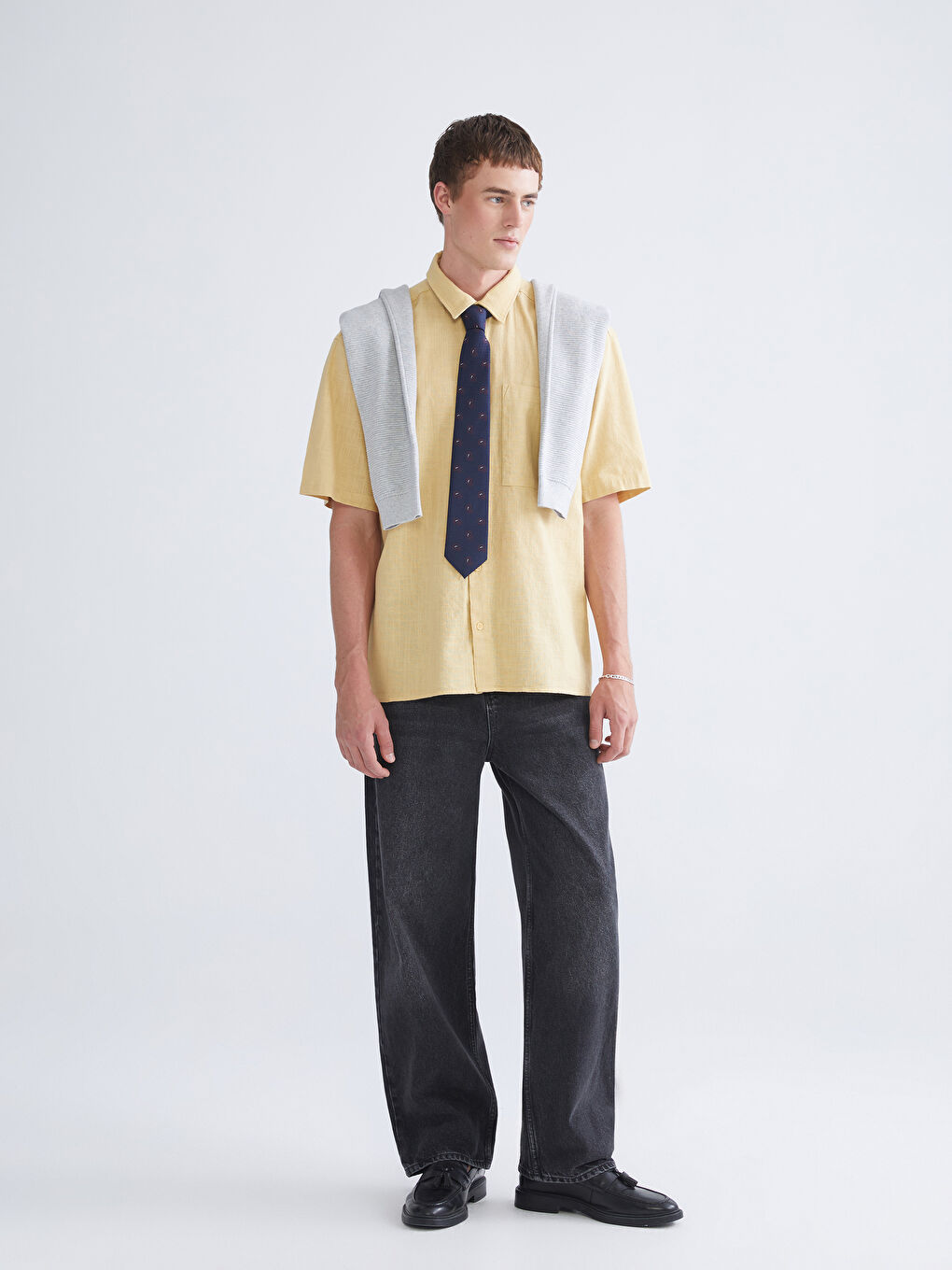 Sarı Rahat Kalıp Kısa Kollu Keten Görünümlü Erkek Gömlek-1