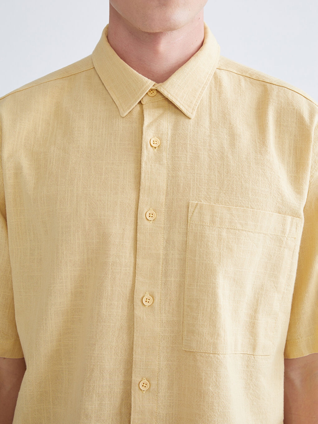Sarı Rahat Kalıp Kısa Kollu Keten Görünümlü Erkek Gömlek-2