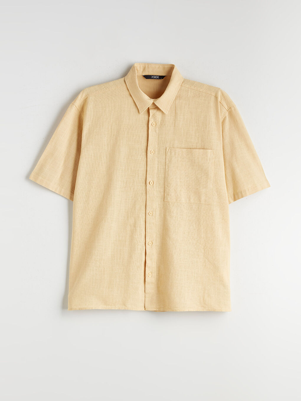 Sarı Rahat Kalıp Kısa Kollu Keten Görünümlü Erkek Gömlek-4