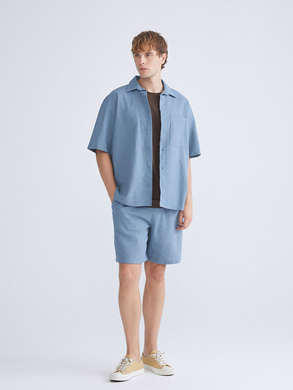 İndigo Rahat Kalıp Kısa Kollu Keten Görünümlü Erkek Gömlek-1