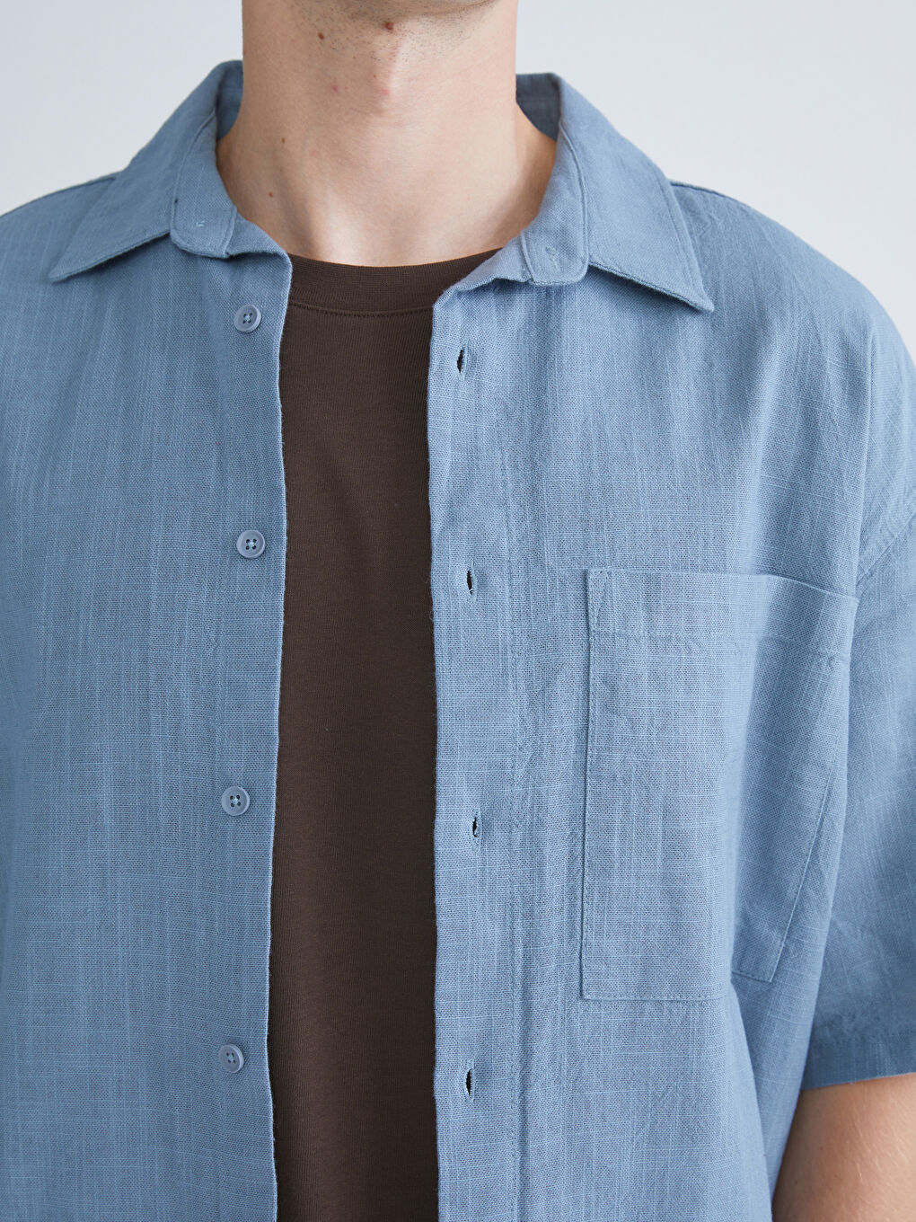 İndigo Rahat Kalıp Kısa Kollu Keten Görünümlü Erkek Gömlek-2