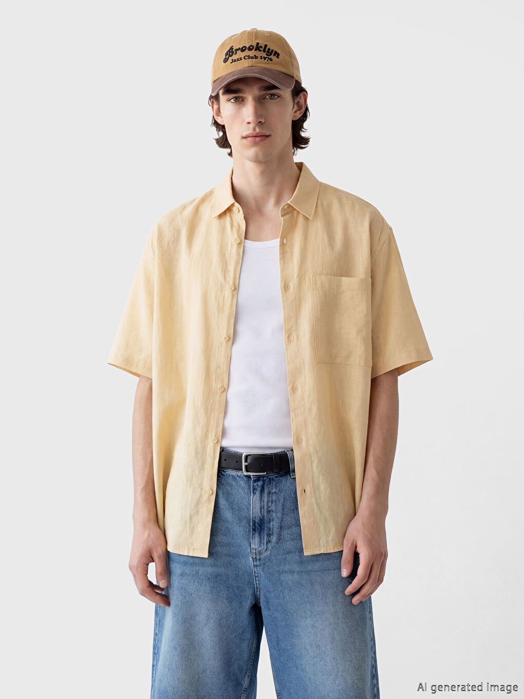 Sarı Rahat Kalıp Kısa Kollu Keten Görünümlü Erkek Gömlek-1